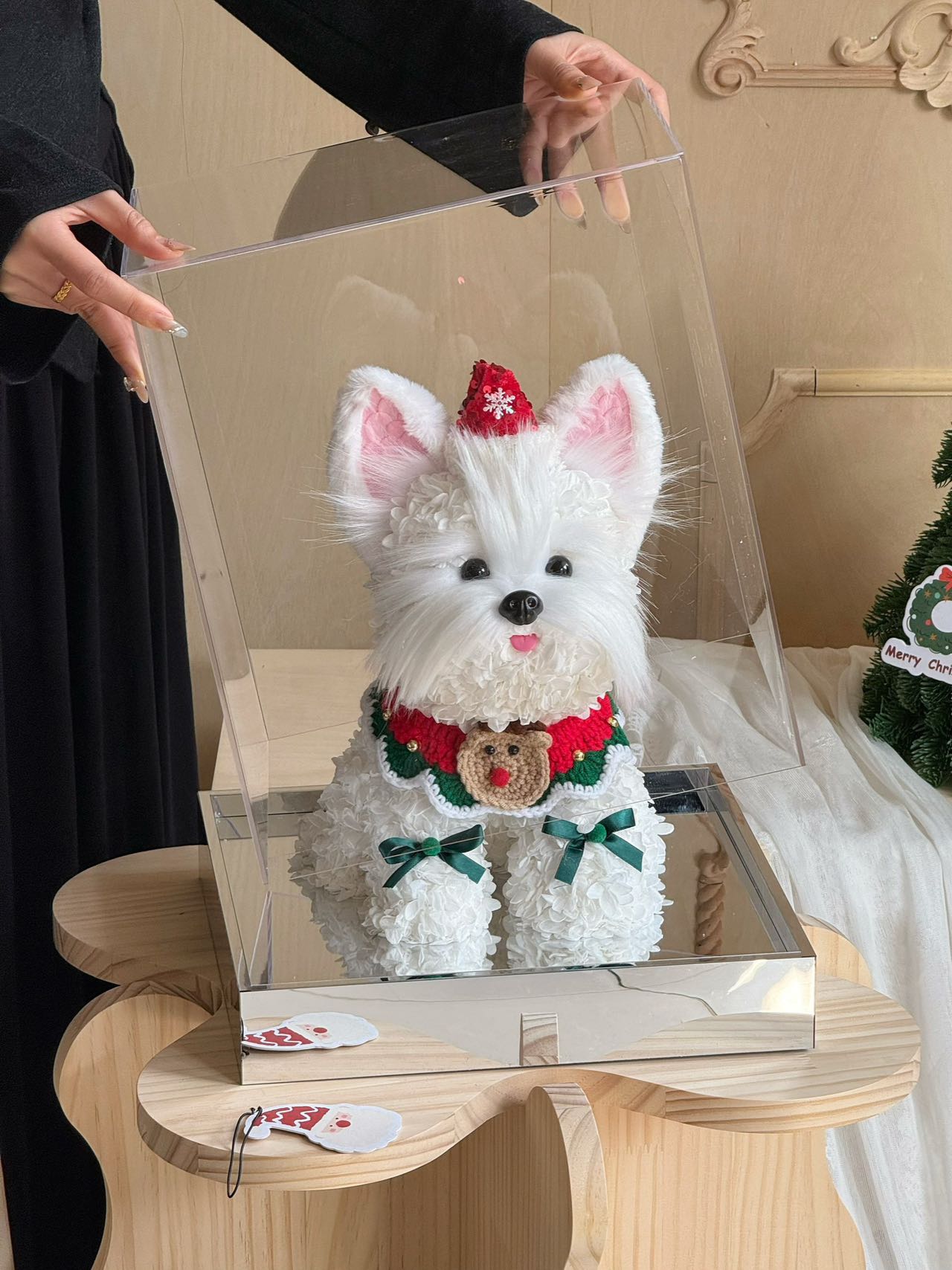 Cute puppy preserved flower doll gift high-end luxury acrylic gift box for daughter and child gift