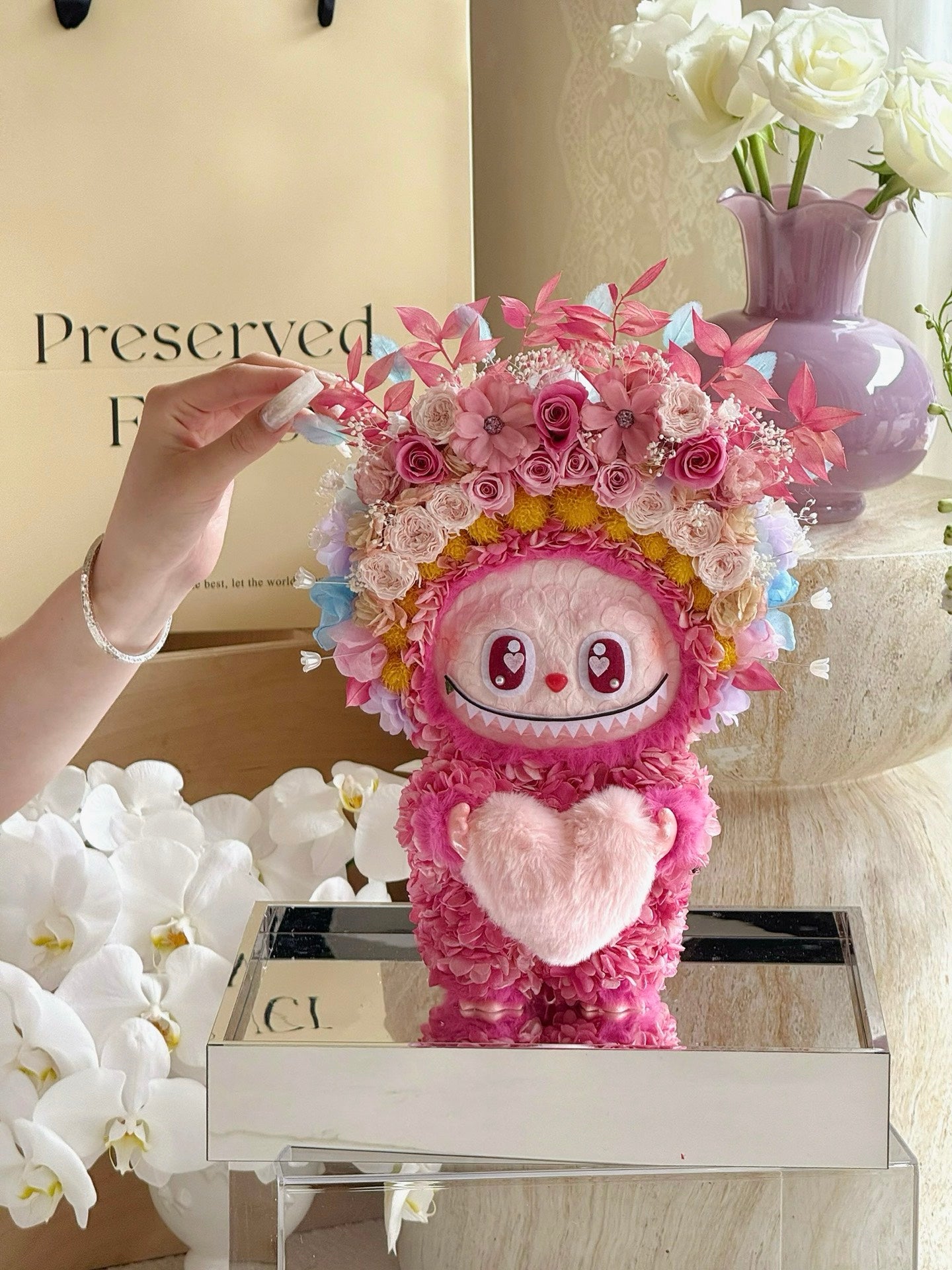 Preserved flower rose labubu doll real flower gift box high-end luxury birthday gift for children and girlfriend