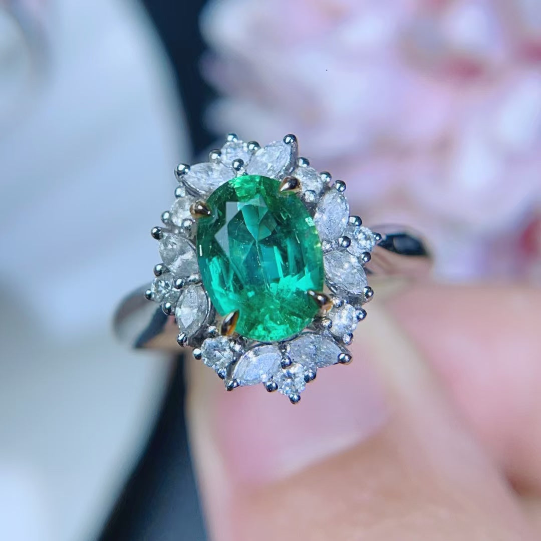 18K gold inlaid natural light oil emerald ring