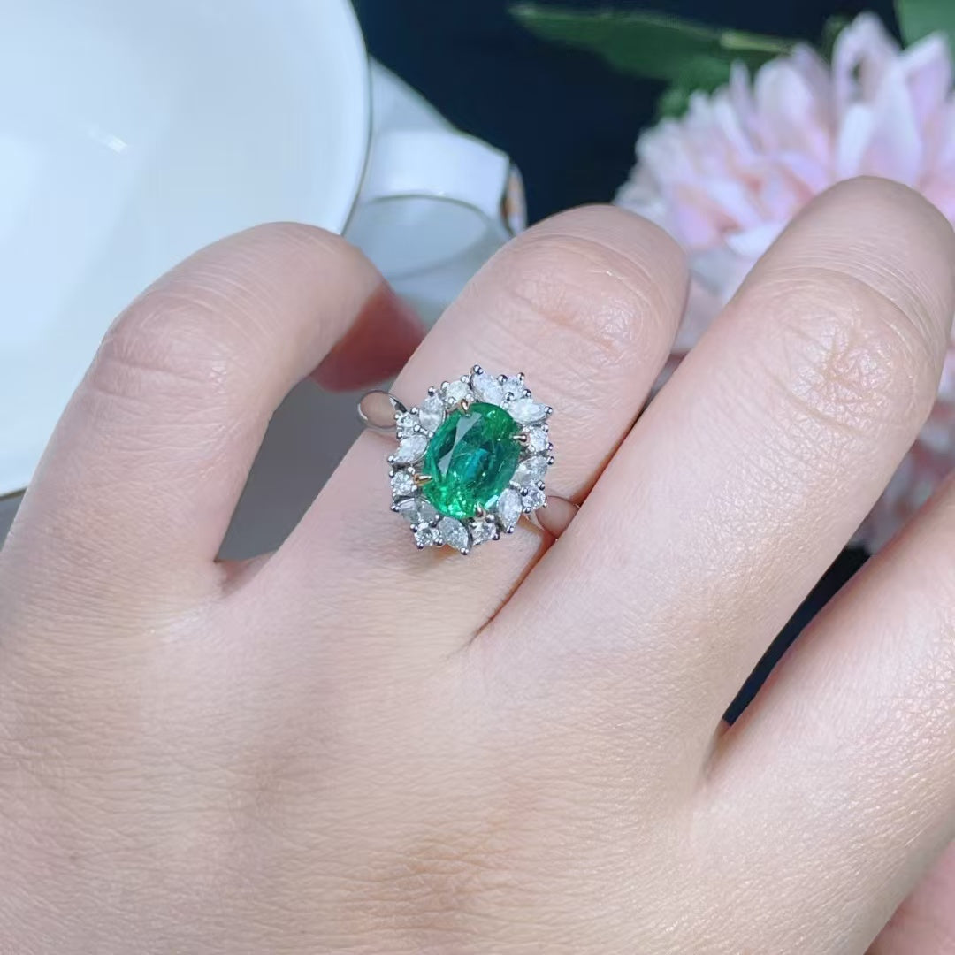 18K gold inlaid natural light oil emerald ring