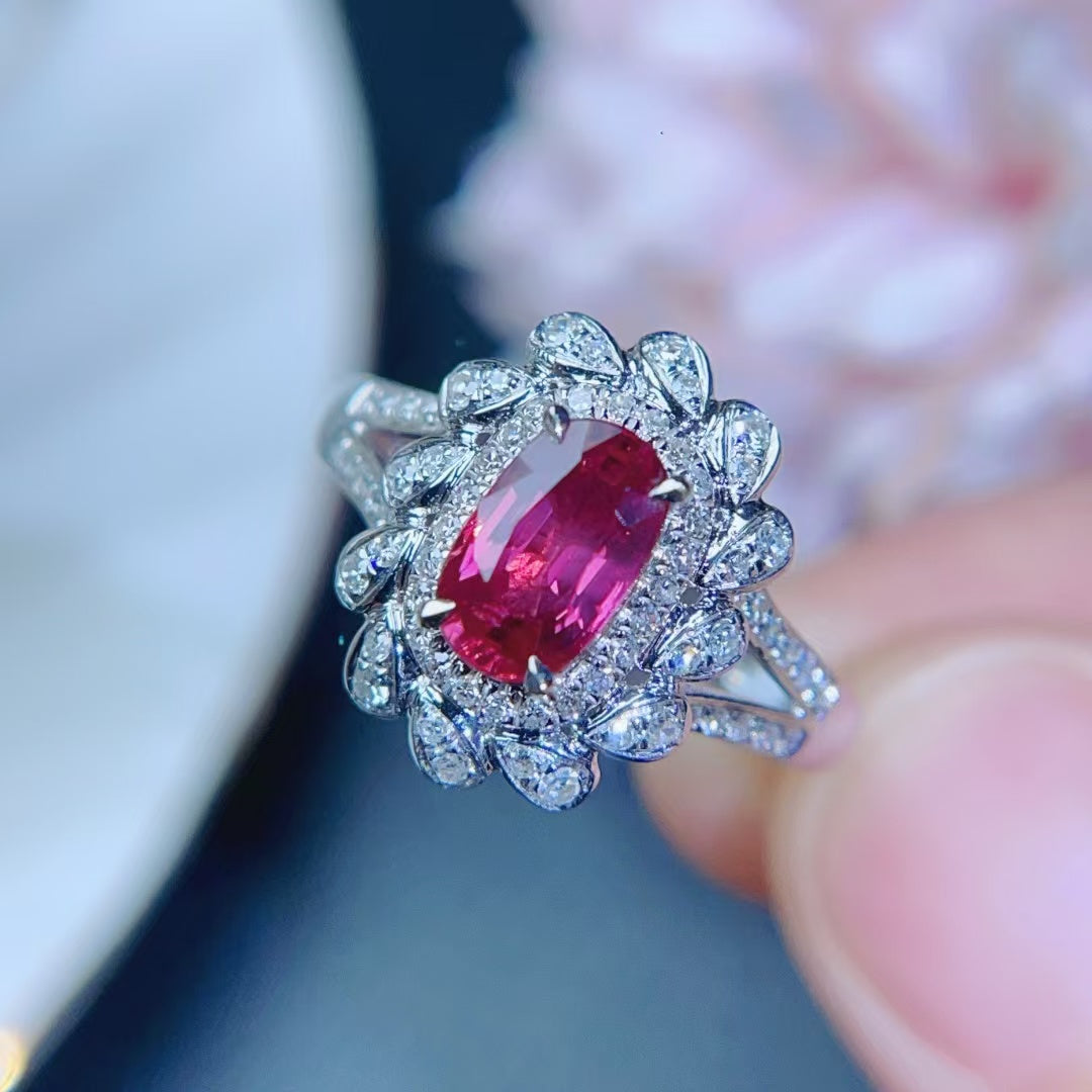 18K gold inlaid natural unheated ruby ring with excellent color and fire,