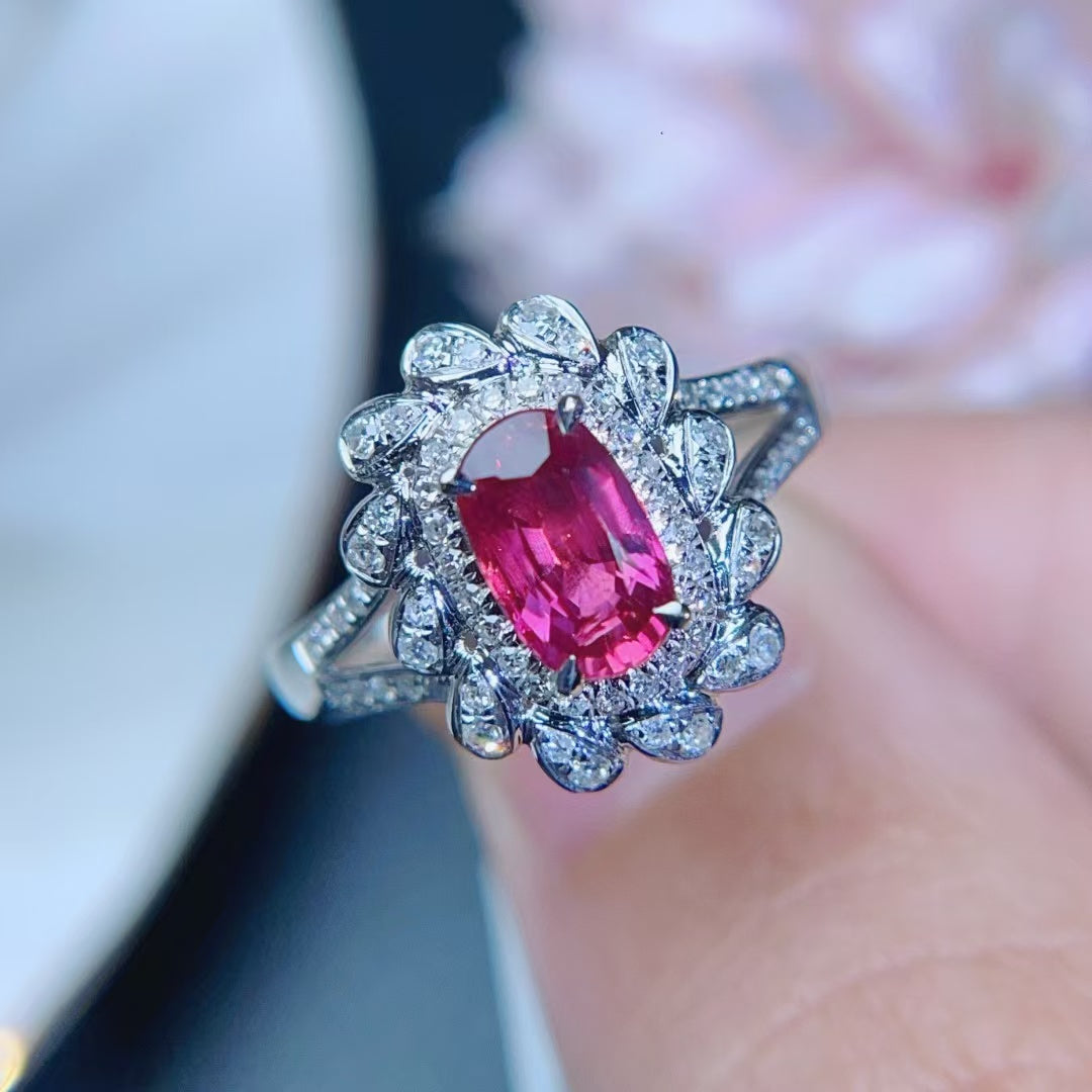 18K gold inlaid natural unheated ruby ring with excellent color and fire,