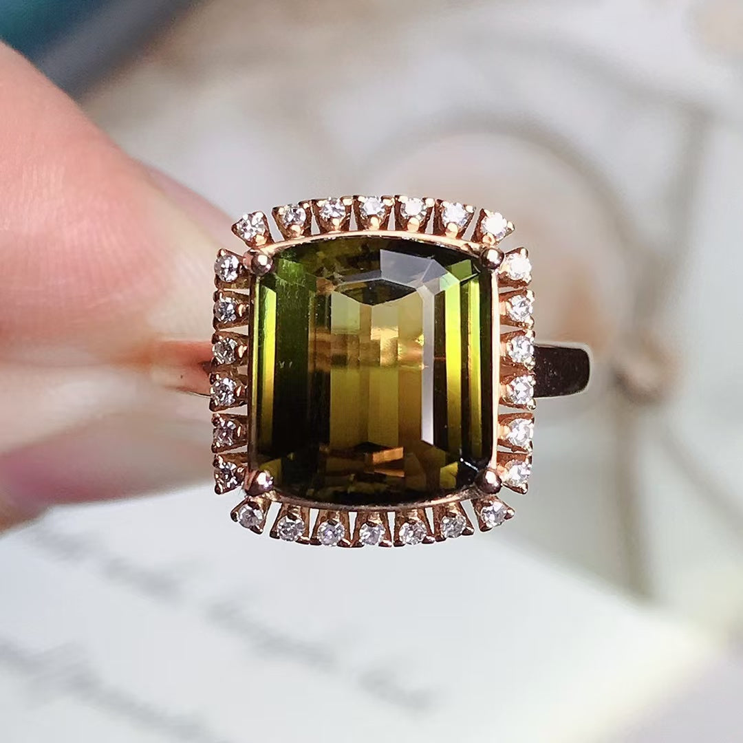 Natural 18K gold inlaid tourmaline ring💍With real South African diamond💎