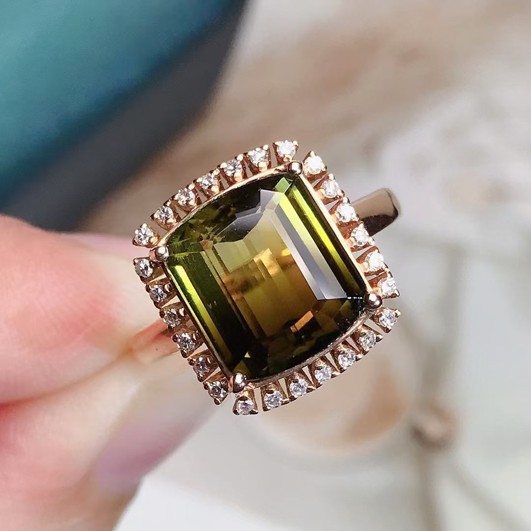 Natural 18K gold inlaid tourmaline ring💍With real South African diamond💎