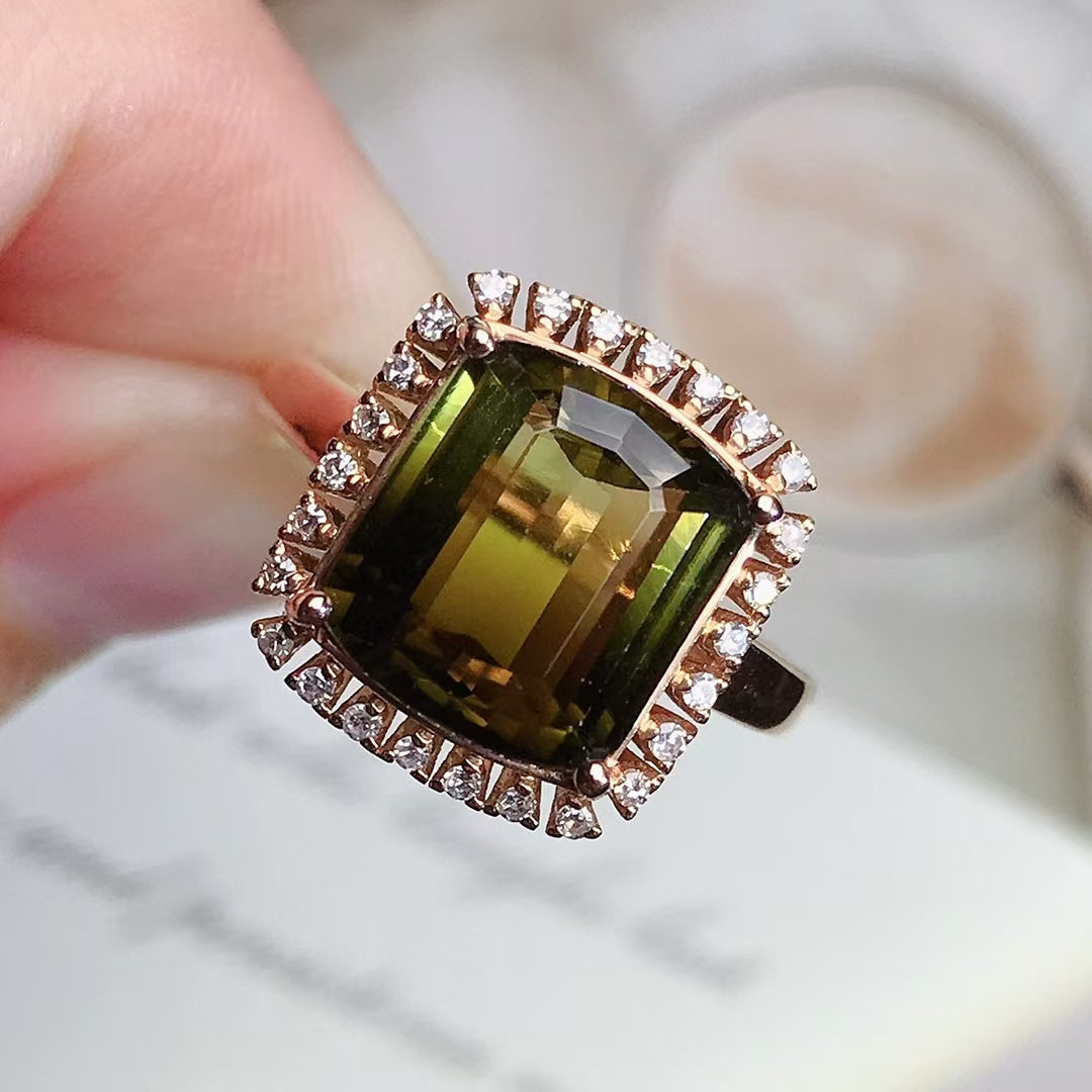 Natural 18K gold inlaid tourmaline ring💍With real South African diamond💎