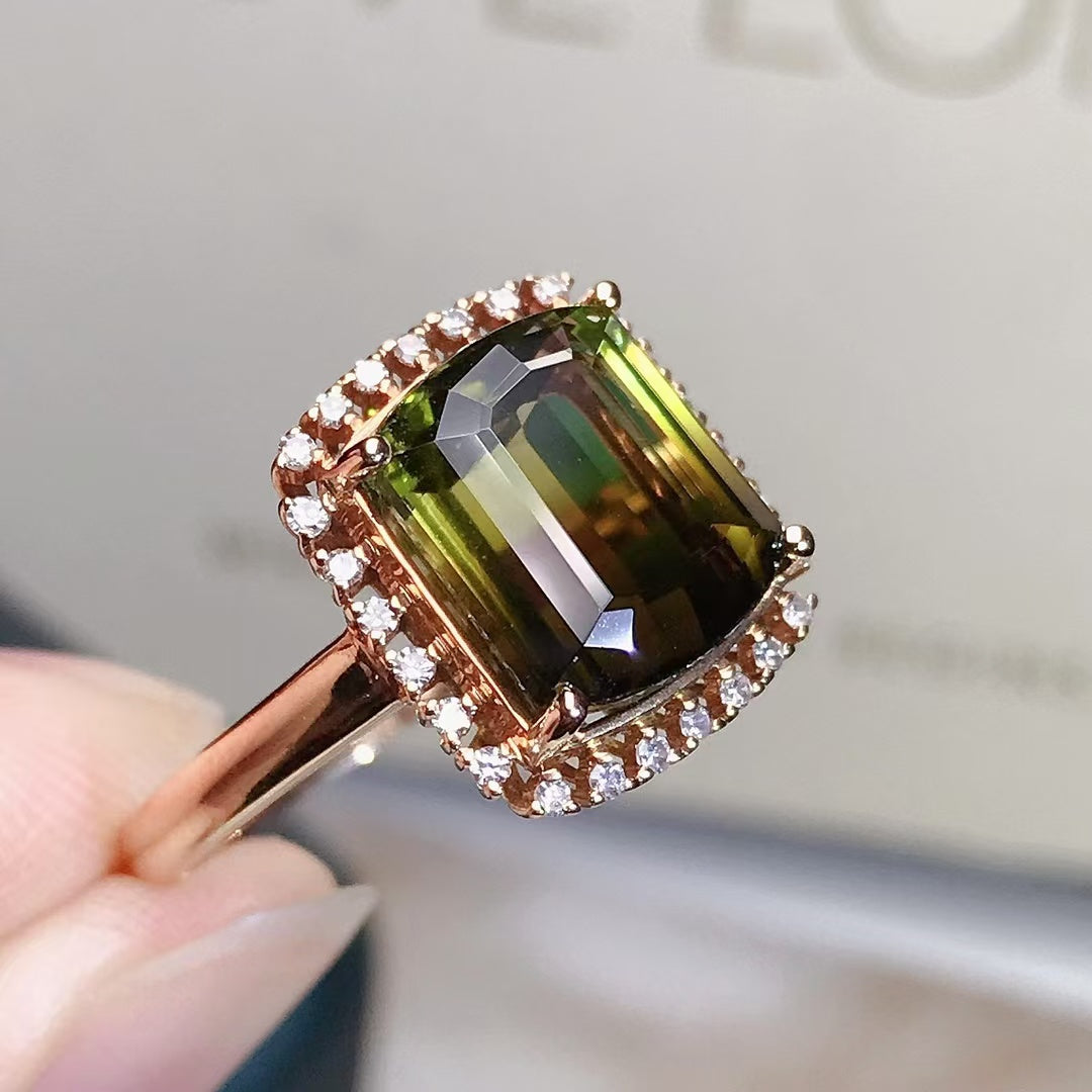 Natural 18K gold inlaid tourmaline ring💍With real South African diamond💎