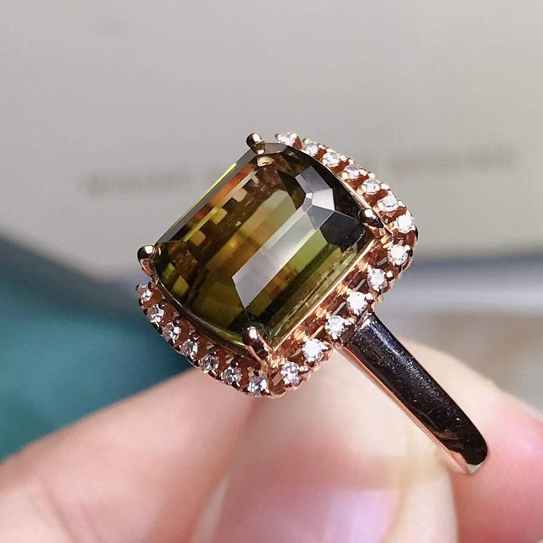 Natural 18K gold inlaid tourmaline ring💍With real South African diamond💎