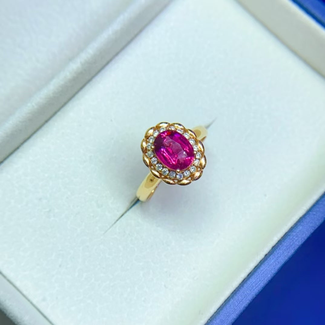 Natural 18K gold inlaid red tourmaline ring💍With real South African diamond💎