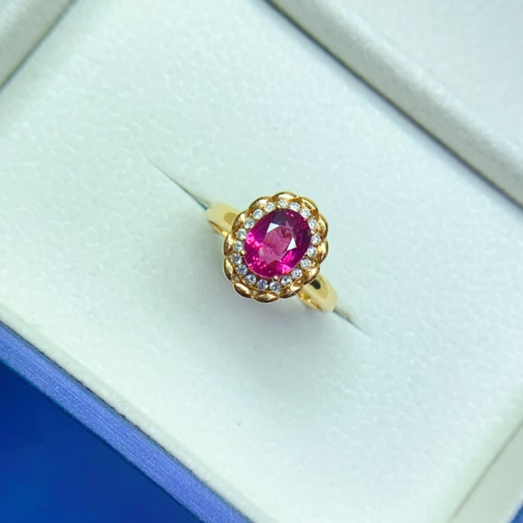 Natural 18K gold inlaid red tourmaline ring💍With real South African diamond💎