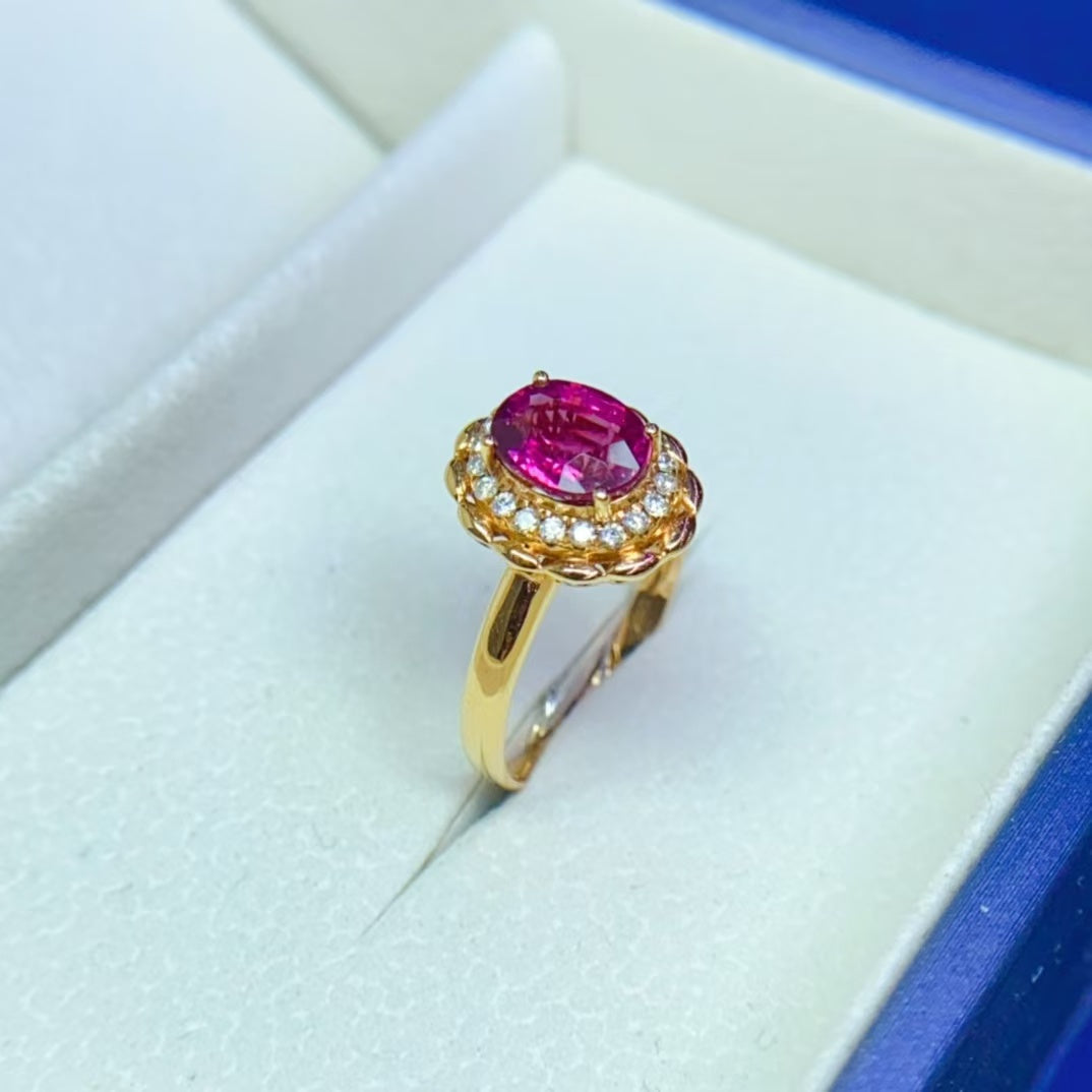 Natural 18K gold inlaid red tourmaline ring💍With real South African diamond💎