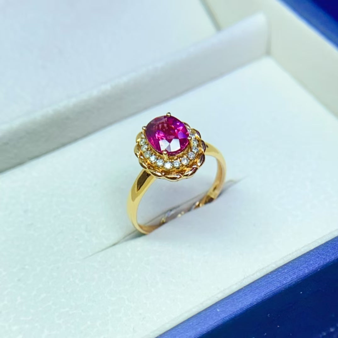 Natural 18K gold inlaid red tourmaline ring💍With real South African diamond💎