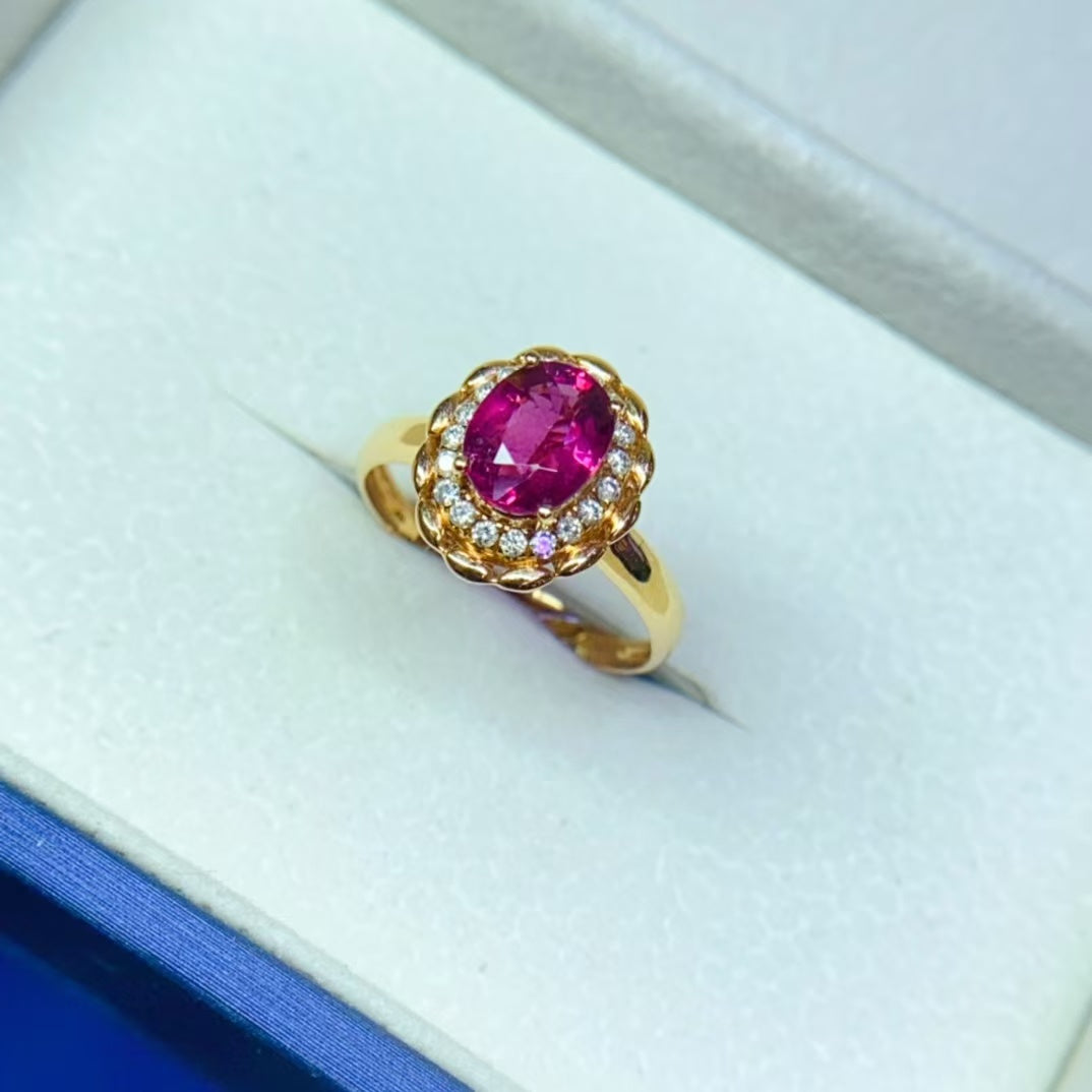 Natural 18K gold inlaid red tourmaline ring💍With real South African diamond💎