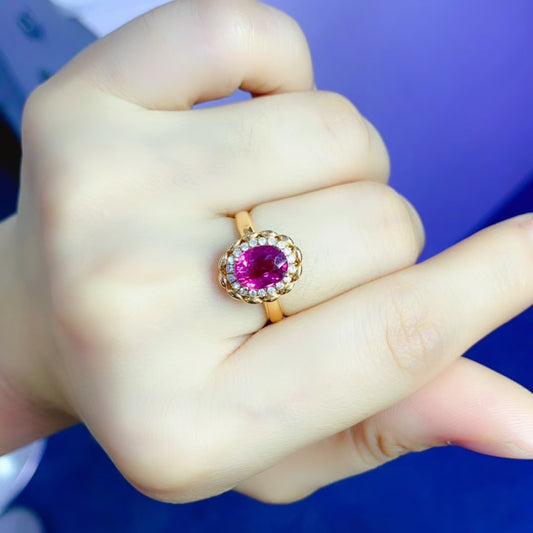 Natural 18K gold inlaid red tourmaline ring💍With real South African diamond💎