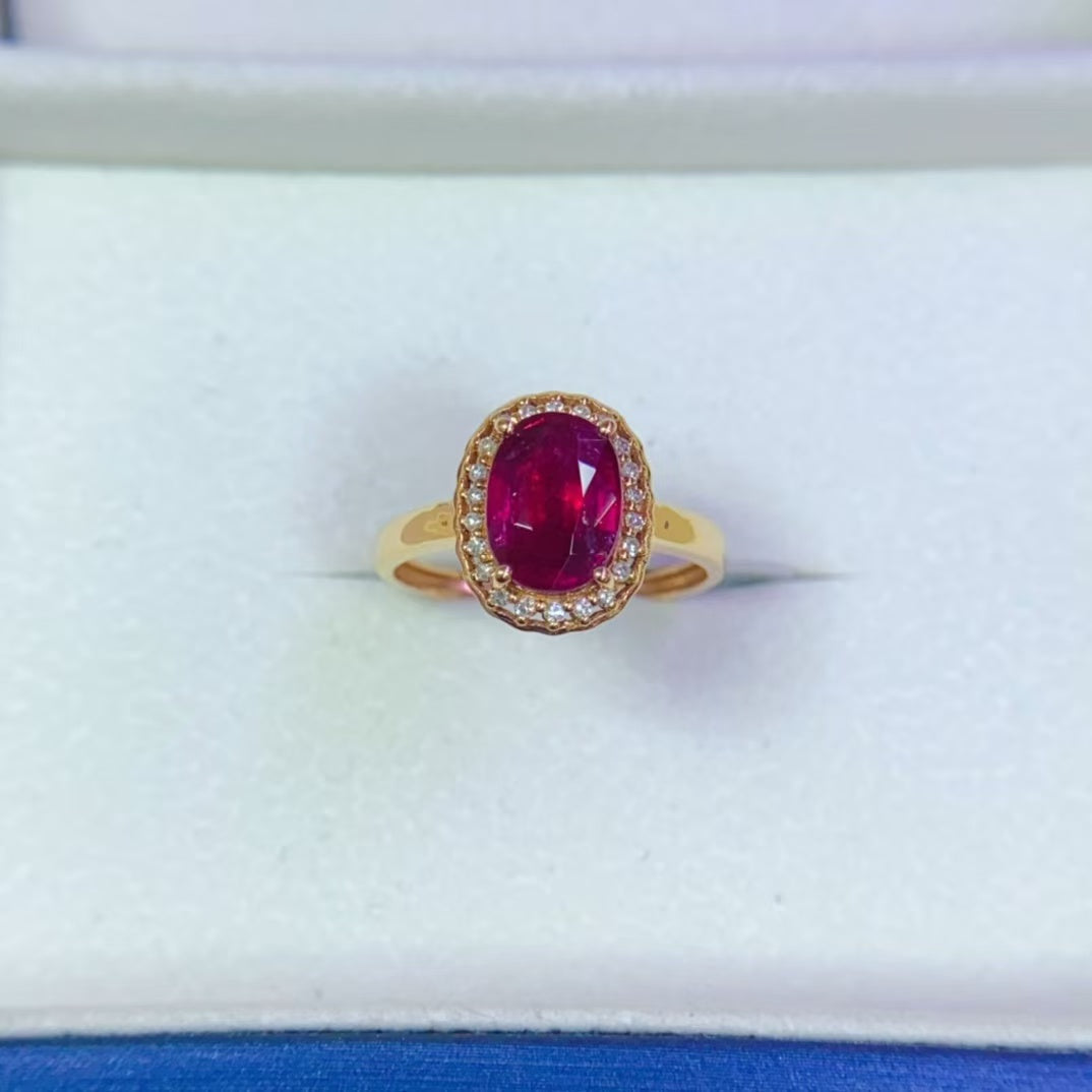 Natural 18K gold inlaid rupee tourmaline ring💍With real South African diamond💎