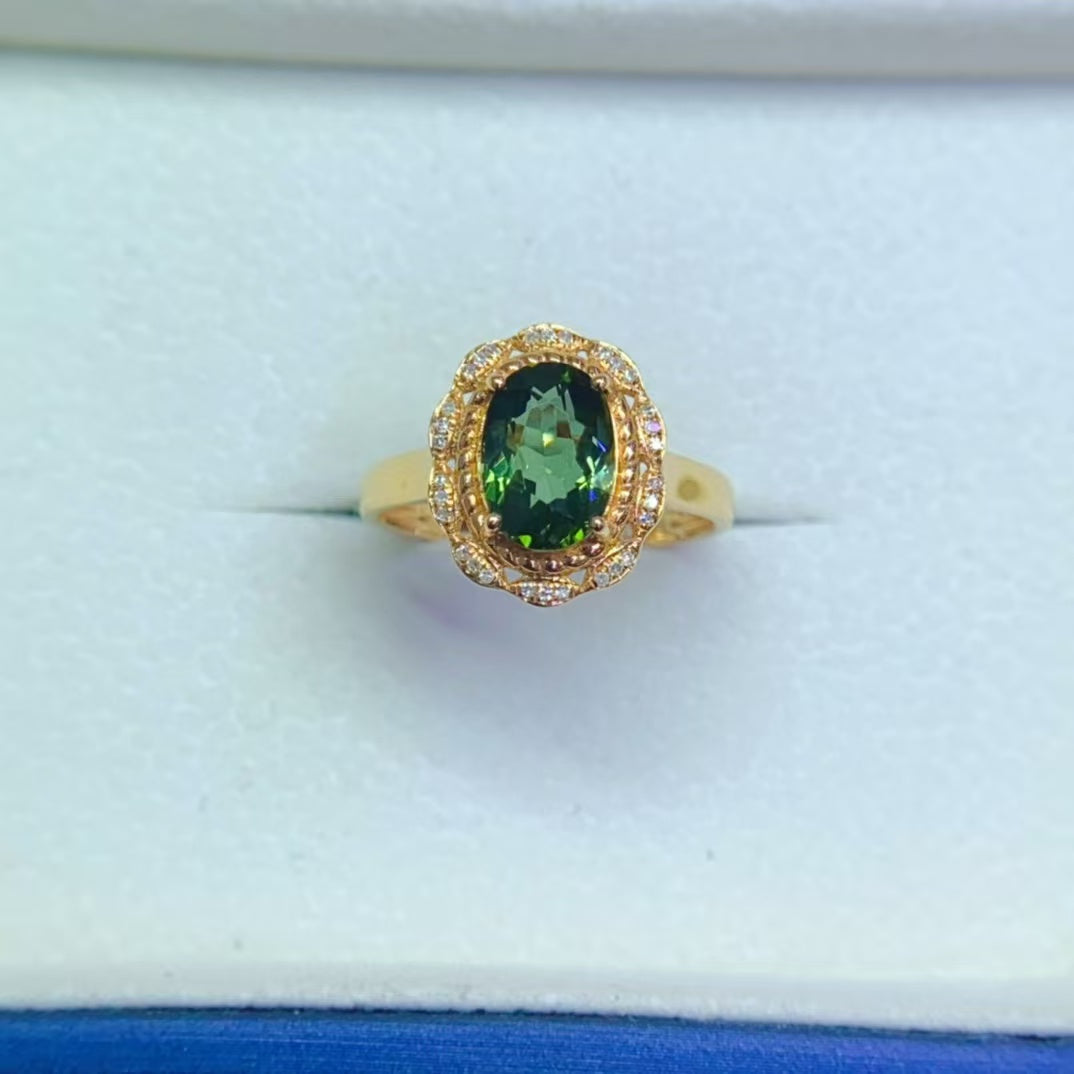 Natural 18K gold inlaid green tourmaline ring💍With real South African diamond💎