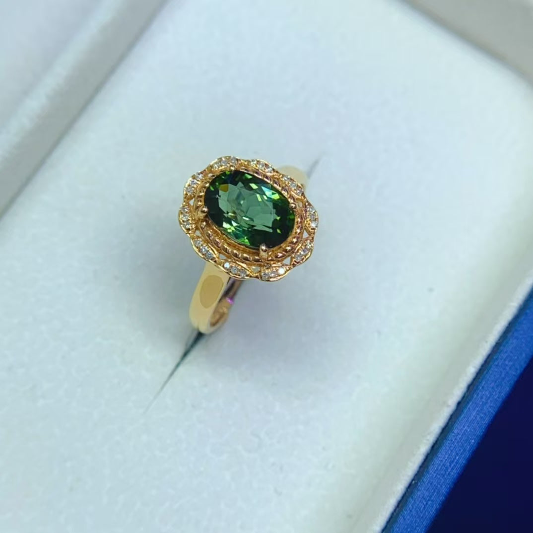 Natural 18K gold inlaid green tourmaline ring💍With real South African diamond💎