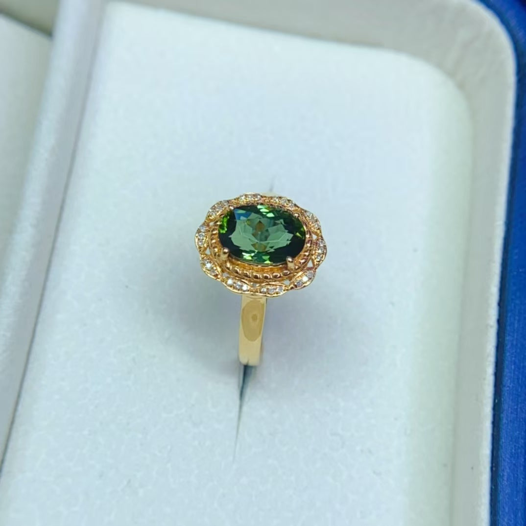 Natural 18K gold inlaid green tourmaline ring💍With real South African diamond💎