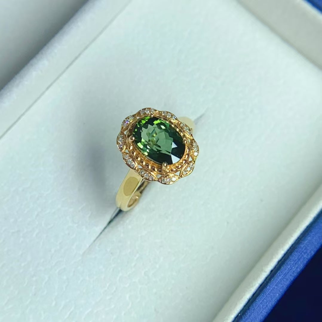 Natural 18K gold inlaid green tourmaline ring💍With real South African diamond💎