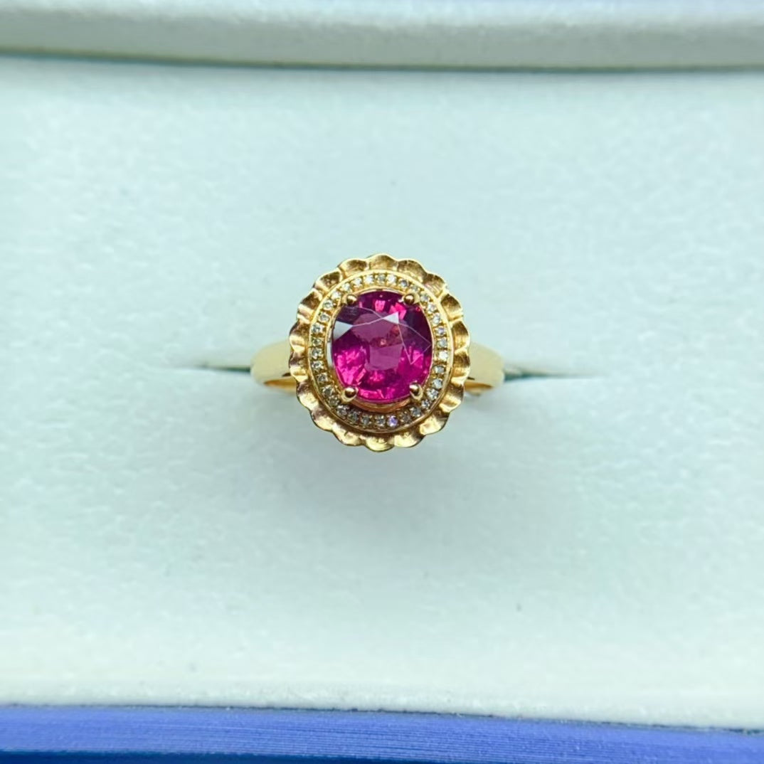 Natural 18K gold inlaid red tourmaline ring💍With real South African diamond💎