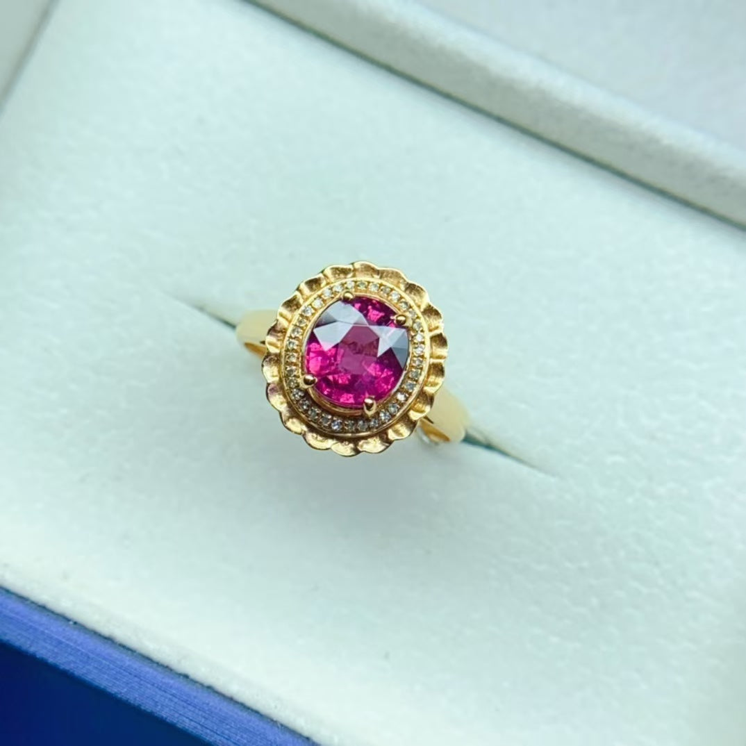 Natural 18K gold inlaid red tourmaline ring💍With real South African diamond💎