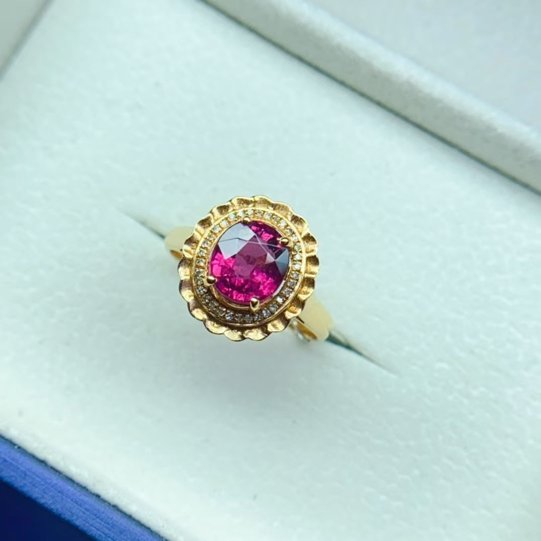 Natural 18K gold inlaid red tourmaline ring💍With real South African diamond💎