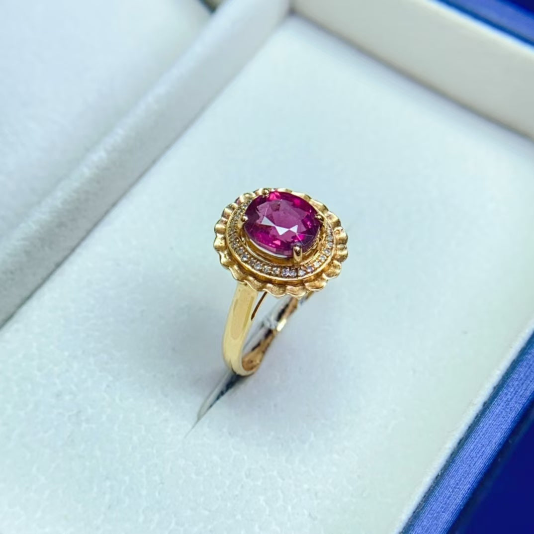 Natural 18K gold inlaid red tourmaline ring💍With real South African diamond💎