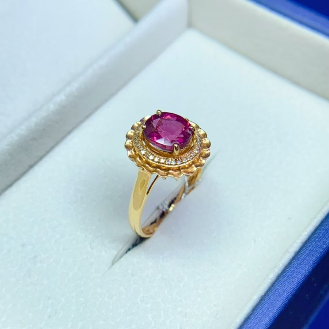 Natural 18K gold inlaid red tourmaline ring💍With real South African diamond💎