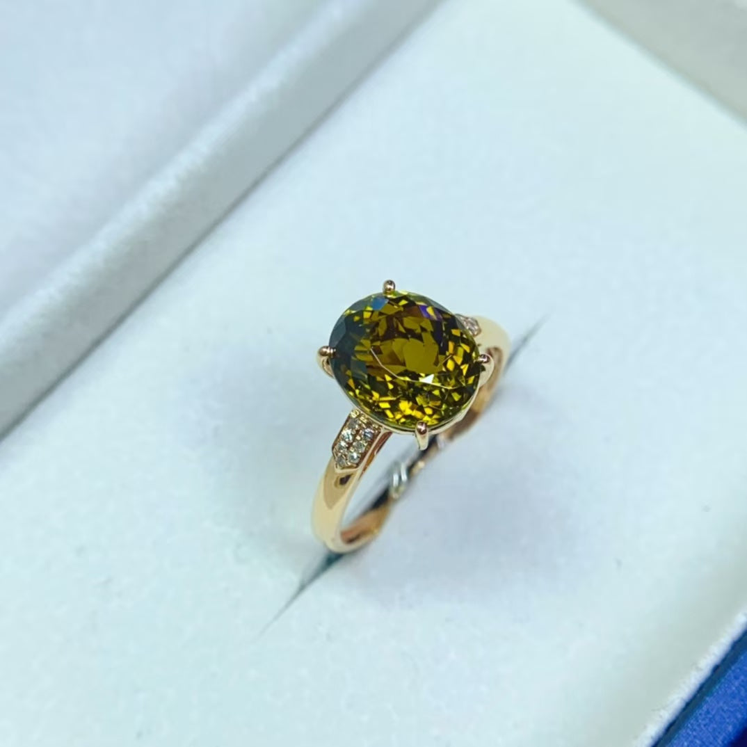 Natural 18K gold inlaid green tourmaline ring💍With real South African diamond💎