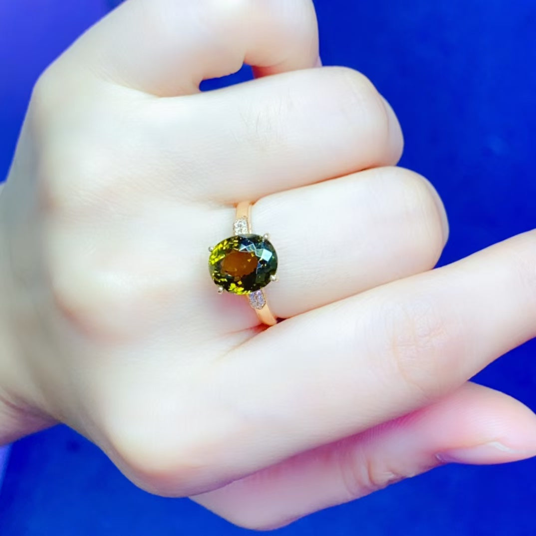 Natural 18K gold inlaid green tourmaline ring💍With real South African diamond💎