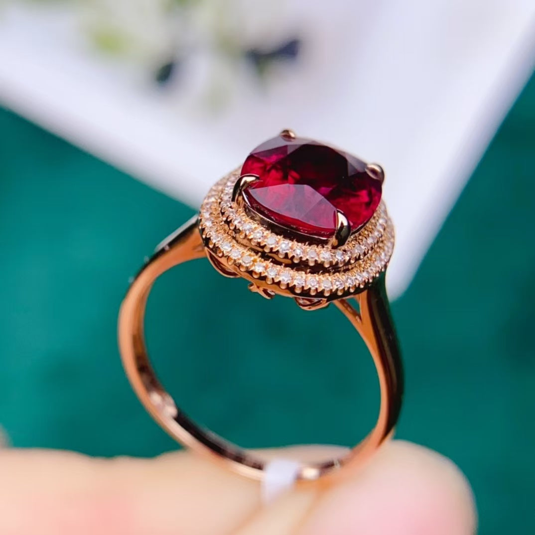 Today's sharing | 18k gold full diamond inlaid rupee color tourmaline ring💍