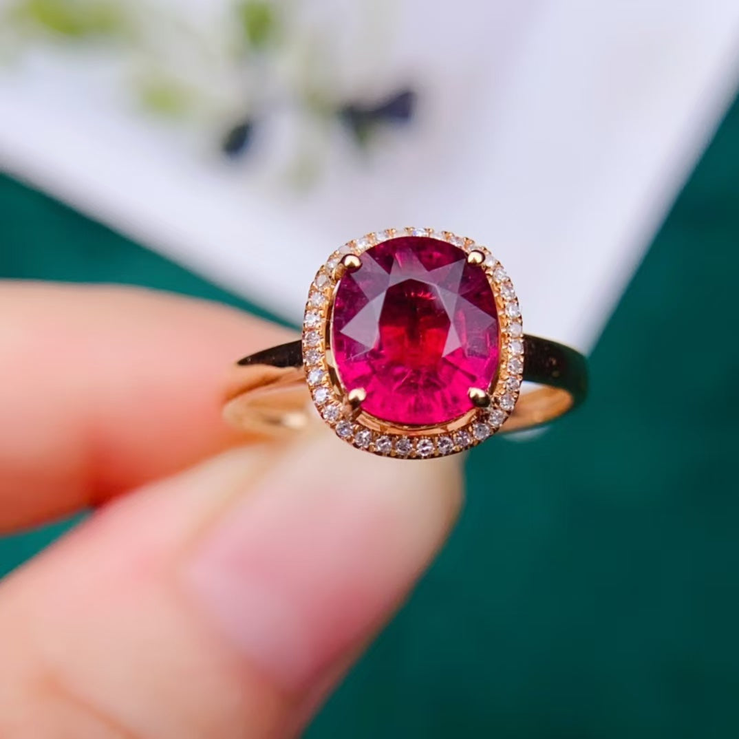 Today's sharing | 18k gold full diamond inlaid rupee color tourmaline ring💍