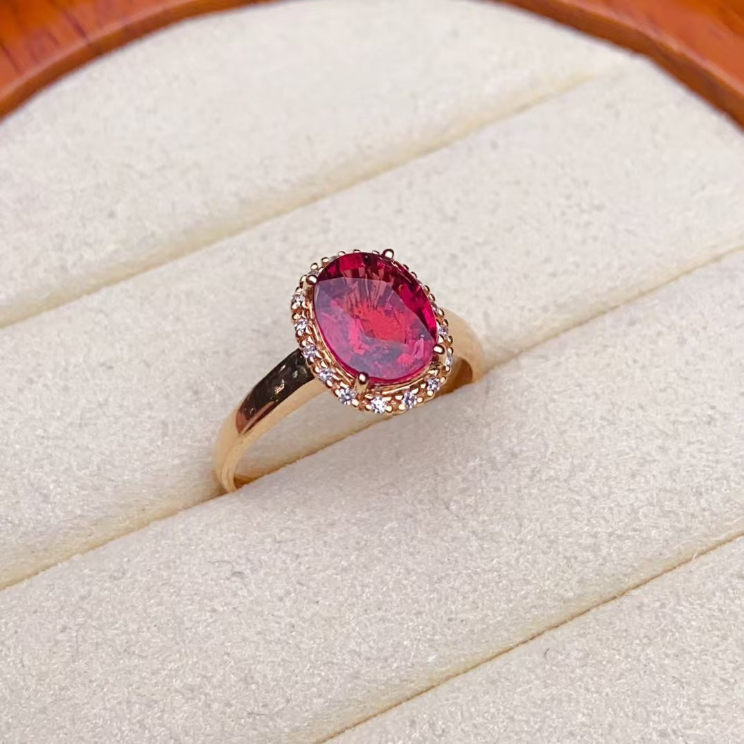 💖Beautiful red tourmaline ring, 18k gold inlaid with South African diamonds, clean crystal fire