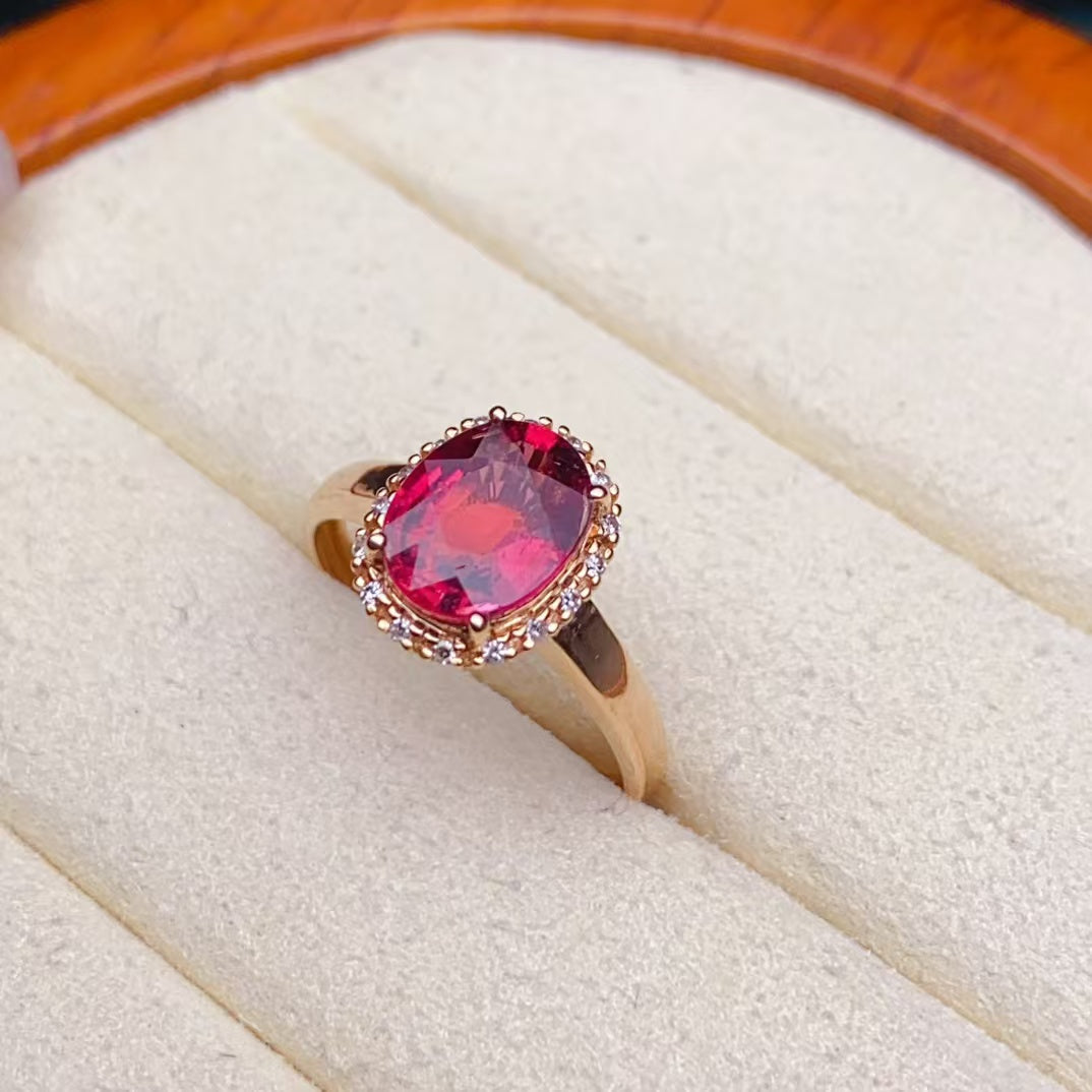 💖Beautiful red tourmaline ring, 18k gold inlaid with South African diamonds, clean crystal fire