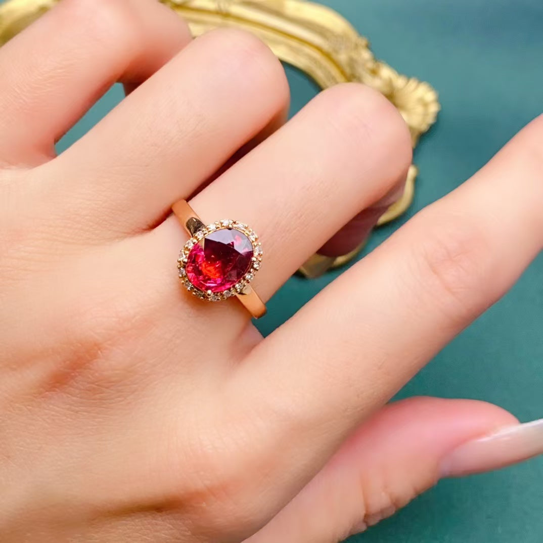 💖Beautiful red tourmaline ring, 18k gold inlaid with South African diamonds, clean crystal fire