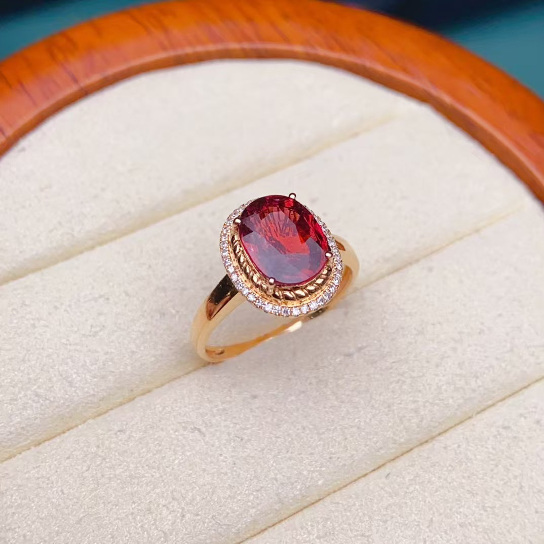 💖Beautiful red tourmaline ring, 18k gold inlaid with South African diamonds, clean crystal and good fire