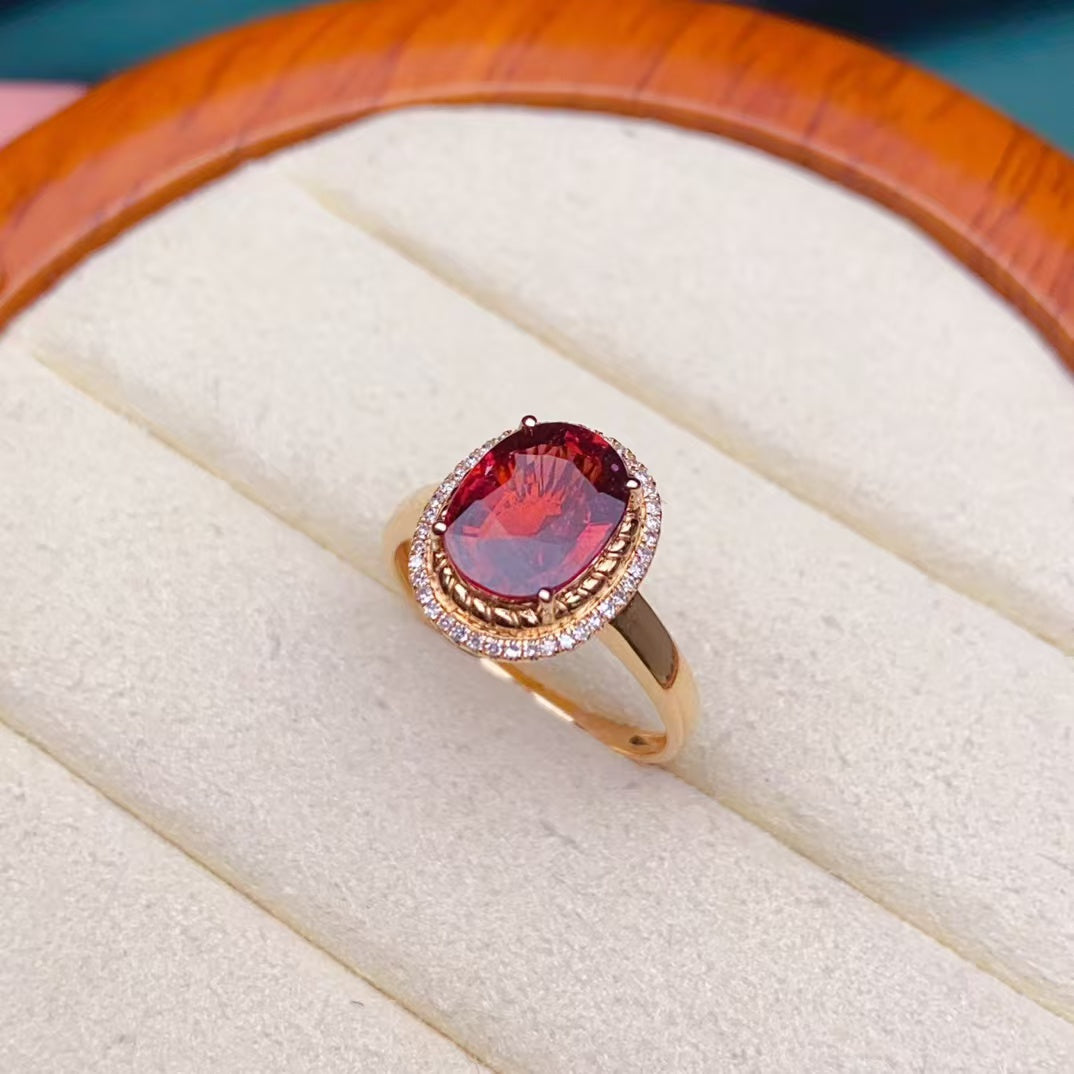 💖Beautiful red tourmaline ring, 18k gold inlaid with South African diamonds, clean crystal and good fire