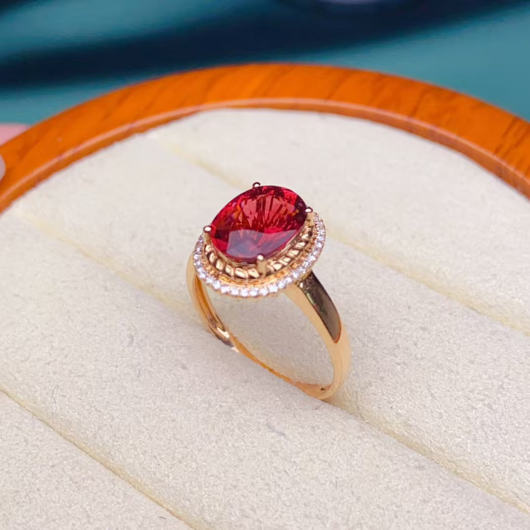 💖Beautiful red tourmaline ring, 18k gold inlaid with South African diamonds, clean crystal and good fire