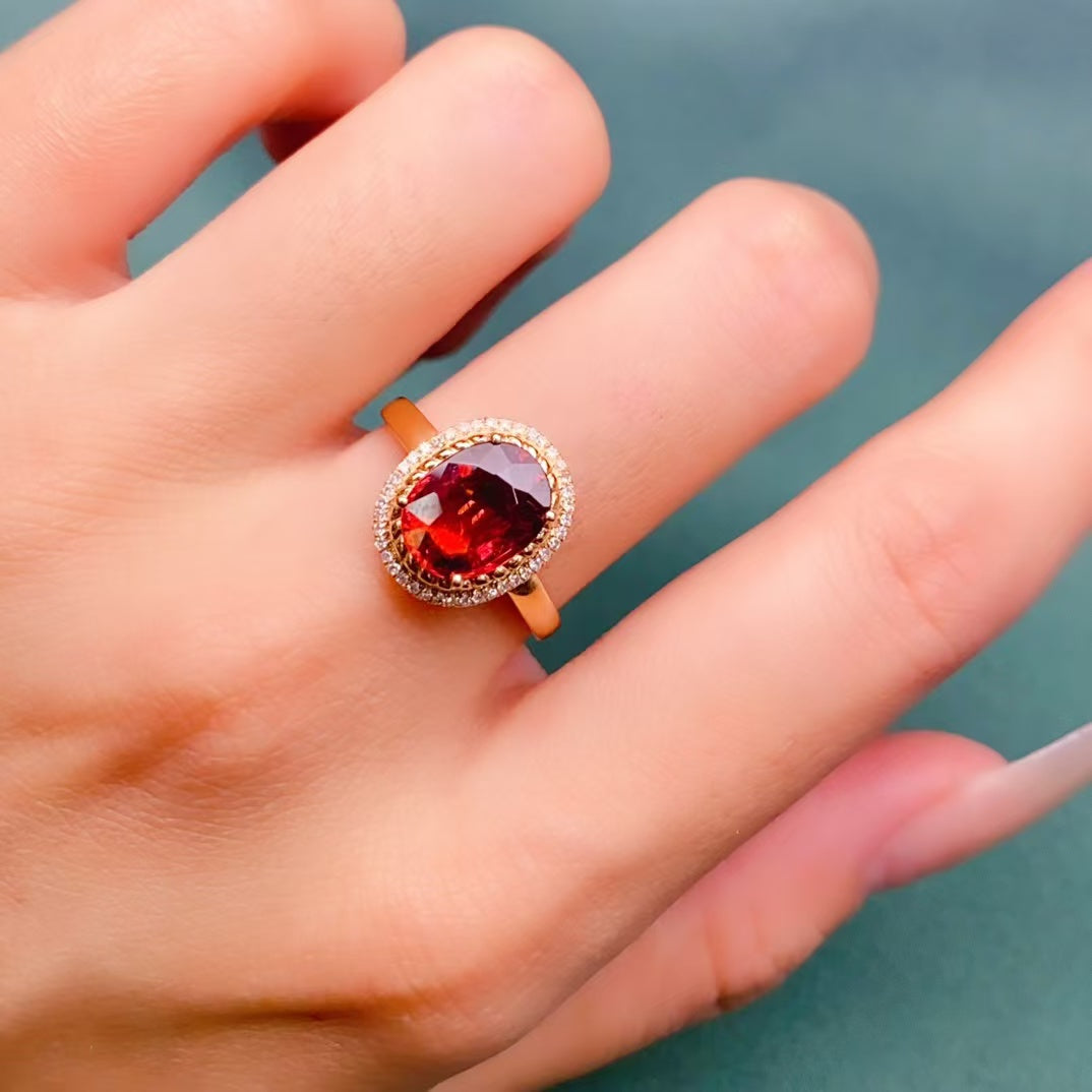 💖Beautiful red tourmaline ring, 18k gold inlaid with South African diamonds, clean crystal and good fire