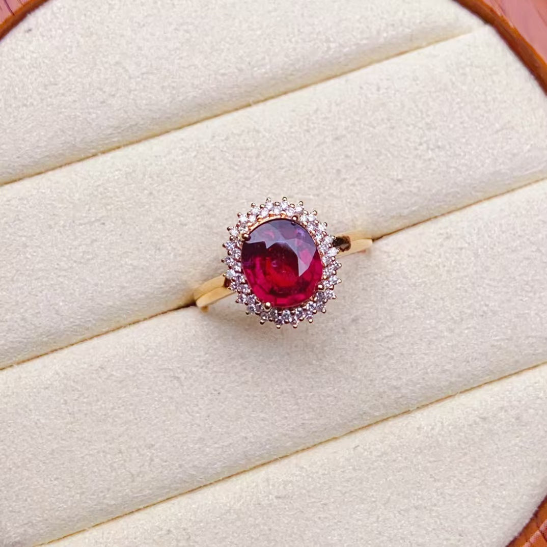 💖Beautiful red tourmaline ring, 18k gold inlaid with South African diamonds, clean crystal and good fire