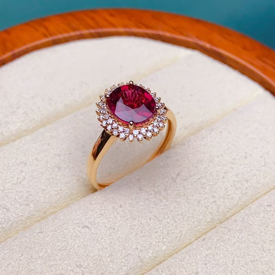 💖Beautiful red tourmaline ring, 18k gold inlaid with South African diamonds, clean crystal and good fire