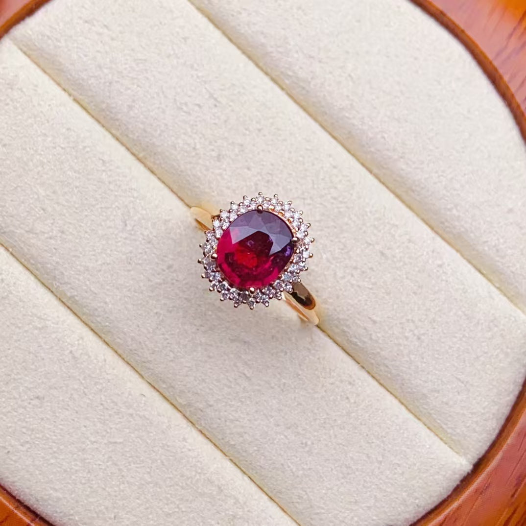 💖Beautiful red tourmaline ring, 18k gold inlaid with South African diamonds, clean crystal and good fire