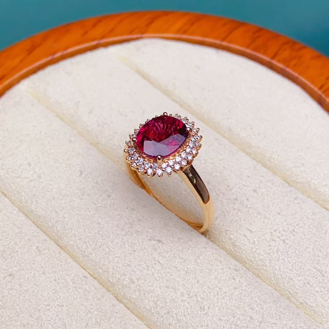 💖Beautiful red tourmaline ring, 18k gold inlaid with South African diamonds, clean crystal and good fire