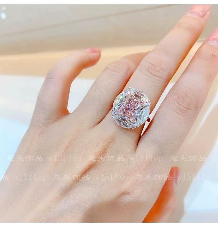 High-end custom bubble gum pink diamond ring niche design light luxury large diamond ring