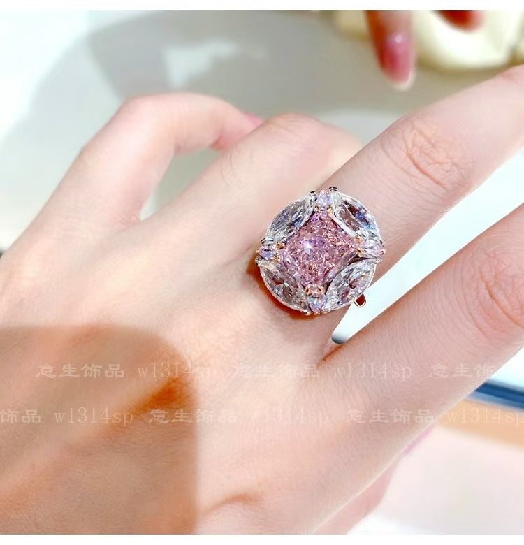 High-end custom bubble gum pink diamond ring niche design light luxury large diamond ring