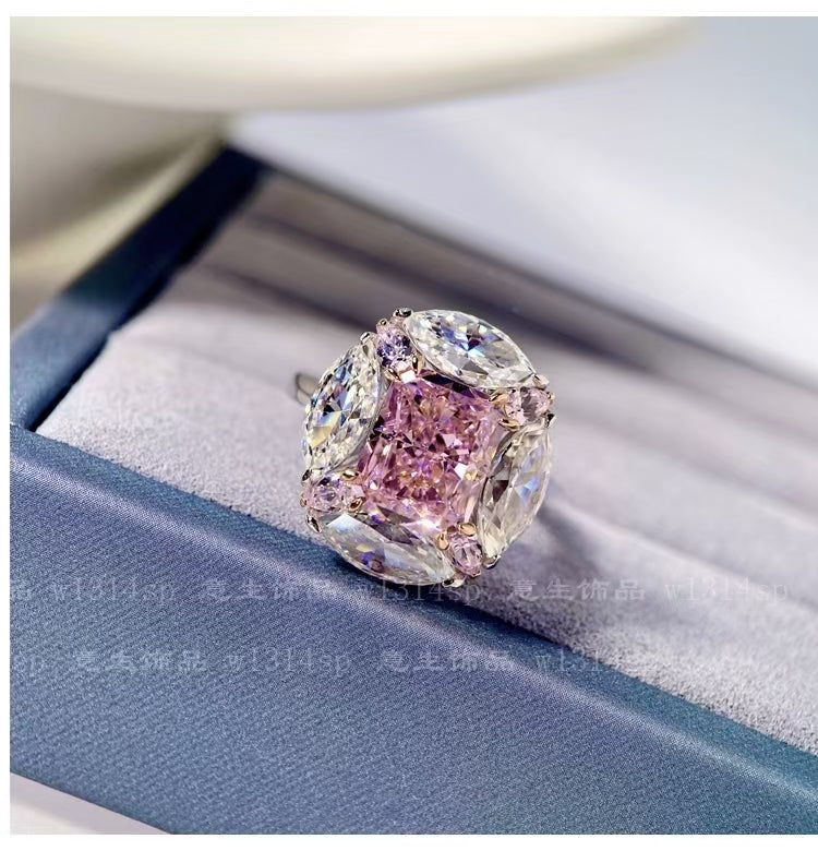 High-end custom bubble gum pink diamond ring niche design light luxury large diamond ring