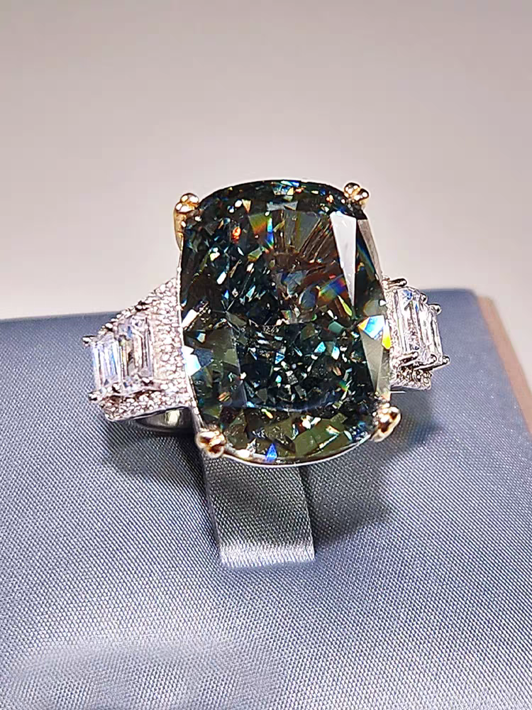 Designer luxury inlaid dark green 15 carat diamond ring female wedding sterling silver platinum jewelry gift jewelry