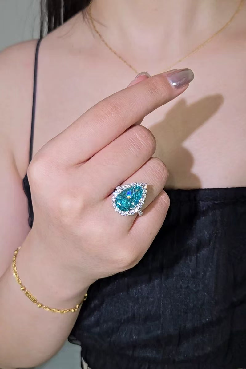 New Luxury Cultivated Water Drop Paraiba 8 Carat Diamond Ring Sterling Silver Gold Plated Jewelry