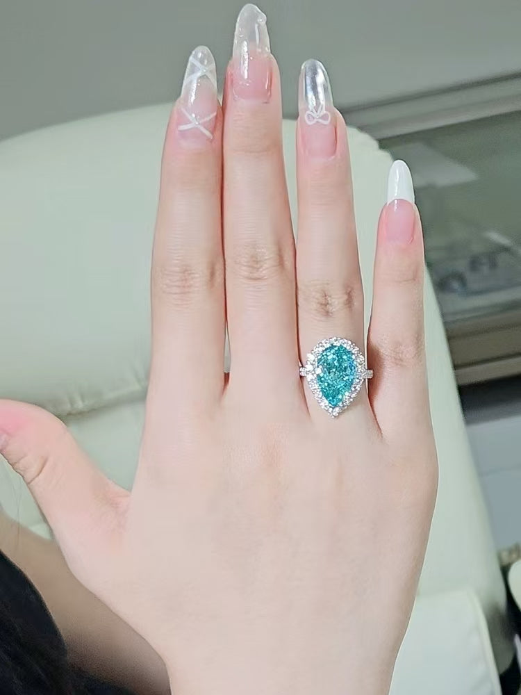 New Luxury Cultivated Water Drop Paraiba 8 Carat Diamond Ring Sterling Silver Gold Plated Jewelry