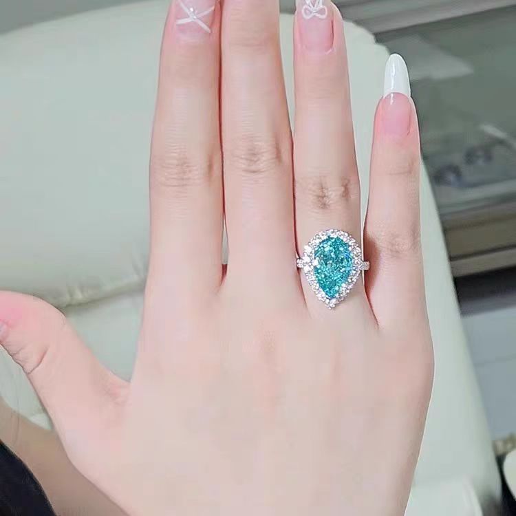 New Luxury Cultivated Water Drop Paraiba 8 Carat Diamond Ring Sterling Silver Gold Plated Jewelry