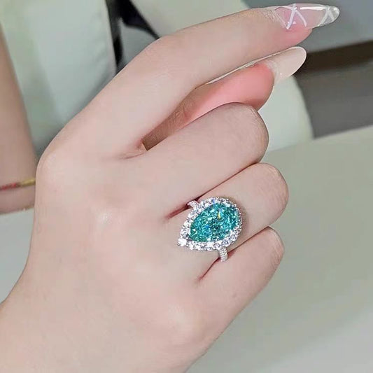 New Luxury Cultivated Water Drop Paraiba 8 Carat Diamond Ring Sterling Silver Gold Plated Jewelry